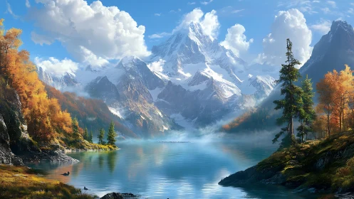 Snow-capped peaks crown a tranquil autumn mountain lake scene.