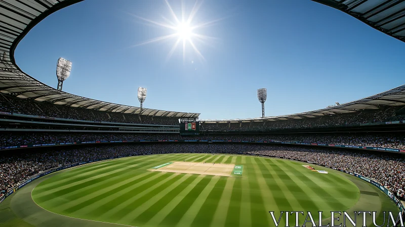 Cricket stadium hosts packed daytime match under clear sky