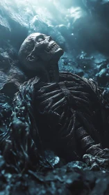 Ancient skeletal corpse lies in eerie, blue-lit cavern depths