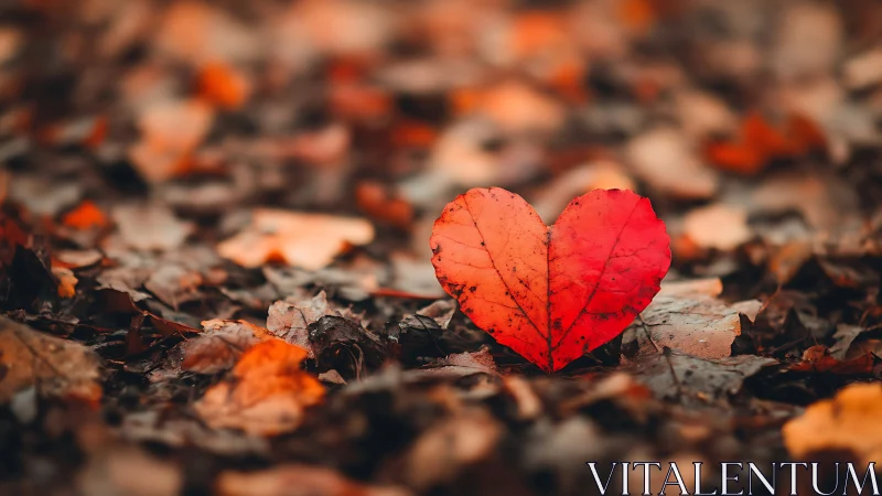 Red heart-shaped leaf rests on autumn forest ground