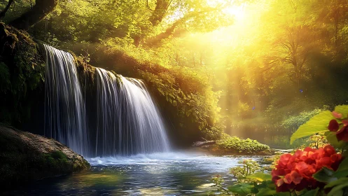 Digital painting of sunlit forest waterfall and flora cascade.