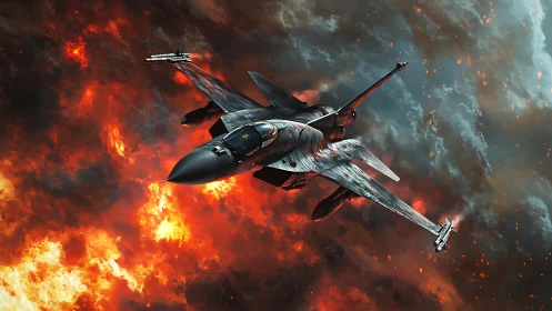 Fighter jets execute combat maneuver amid explosive battlefield.