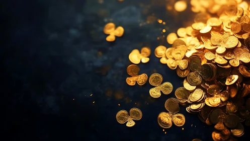 Gold clover coins scattered over dark textured surface.