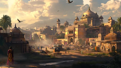 Sunlit fantasy citadel above crowded desert marketplace.