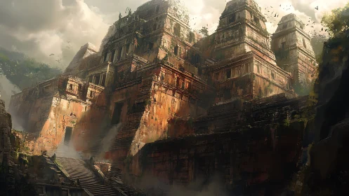 Digital painting of monumental jungle temple complex at dusk.