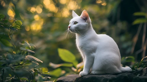 White Feline in Garden Setting: Bokeh-Enhanced Portrait.