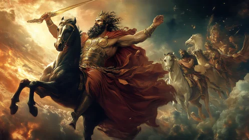 Mythic armored horsemen advancing through clouded sky.