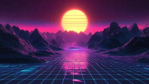 Neon wireframe mountains under retrofuturistic grid sunset.