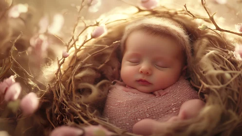 Newborn Sleeps Nestled in Blooming Pink Branches.