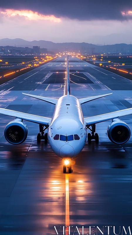 Widebody jet aligns on illuminated runway during dusk