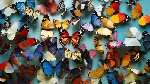 Mixed butterfly specimens arranged on pale blue surface.