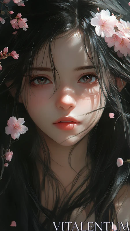 Soft spring gaze framed by drifting cherry blossoms.
