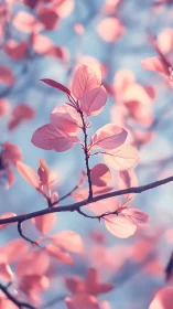 Pink foliage on branch against soft blue defocused background.