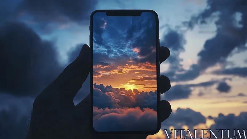 Photorealistic smartphone portal framing a vivid cloudscape.