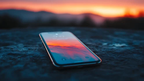 Smartphone displaying sunset on dark ground surface.