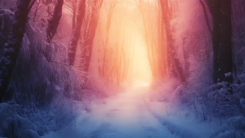 Snow covered forest path with strong warm backlighting.
