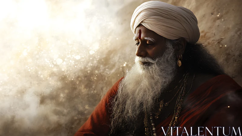 Elderly man in turban with long beard in warm light.