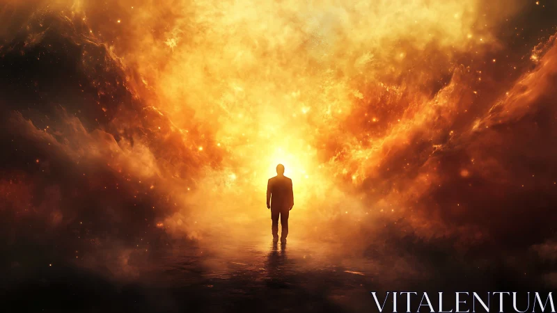 Silhouette person walks toward intense glowing light portal