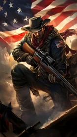 Patriotic sniper cowboy under storm-swept American flag.