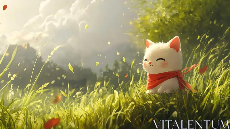 Sunlit white kitten in scarf resting in glowing meadow.