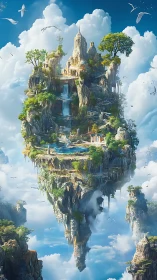Vertical floating island city with waterfalls in clouds.