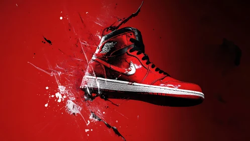 Red high-top sneaker frozen mid-air in bold paint splash.