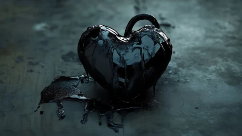 Oil-drenched heart-lock melts quietly onto a cold floor