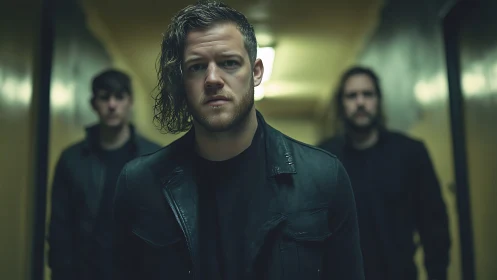 Moody band strides down a dim hallway of soft neon haze