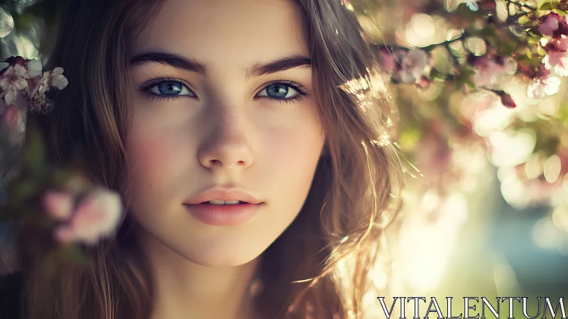 Soft spring light surrounds a serene blue eyed woman’s portrait