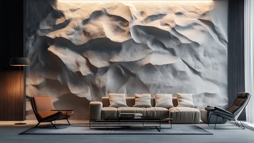Parametric sculpted wall in minimal lounge with accent lighting