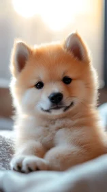 Sunlit puffball pup lounging in a blanket daydream glow.