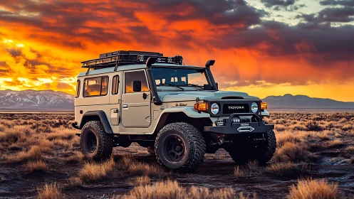 Off-road SUV parked in desert under vivid sunset sky.