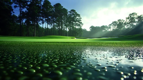 Early morning golf green with wet foreground surface.