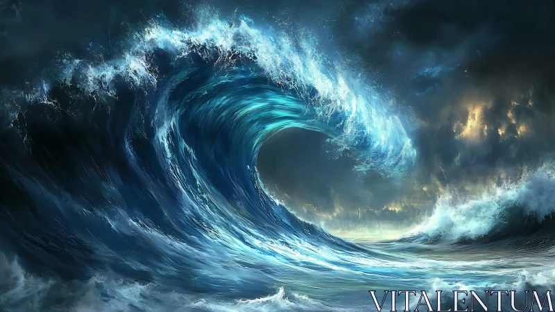 Luminescent storm wave vortex under turbulent twilight sky.