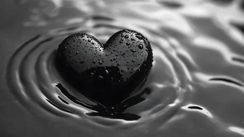 Obsidian Heart Floating in Liquid Ripples.