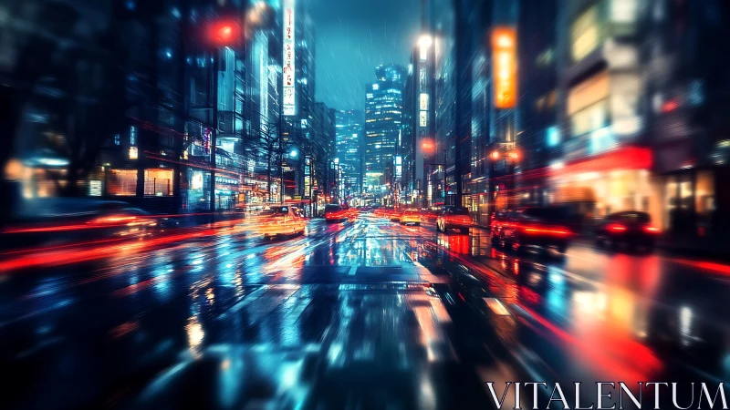 Neon rainstorm racing through a midnight cyber city street.