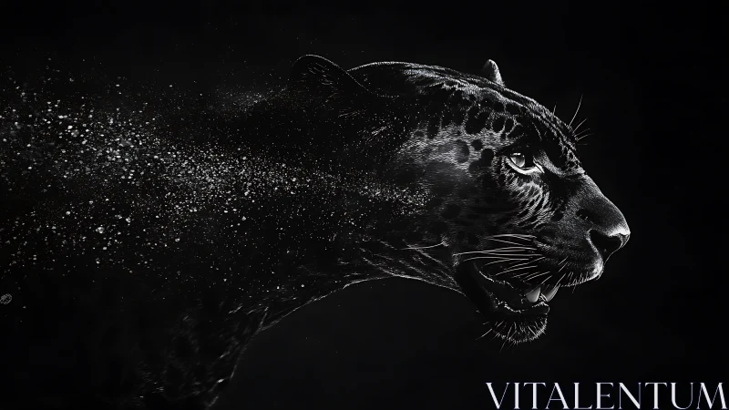 Midnight panther emerges in swirling stardust silence.