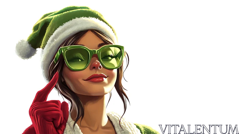 Chromatic holiday portrait with reflective green eyewear detail.