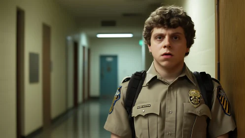 Young security cadet pauses, tense and alert in empty hallway