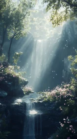 Sunlit forest waterfall among rocks and pink wildflowers.