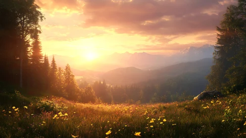 Sunlit mountain meadow under warm glowing sunset sky.