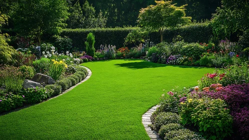 Manicured garden lawn curves between dense flower borders
