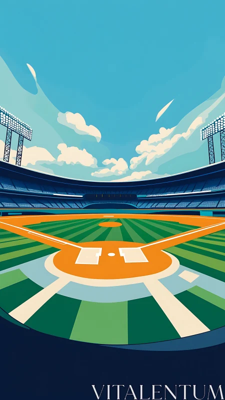 Baseball stadium interior with stylized field geometry.