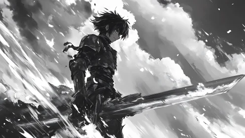 Armored swordsman silhouette against dynamic cloud sky.