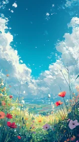 Vast vertical meadow vista under cumuliform sky with saturated hues