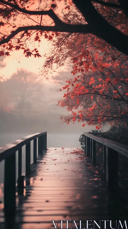 Autumn mist walkway where scarlet leaves rehearse silence.