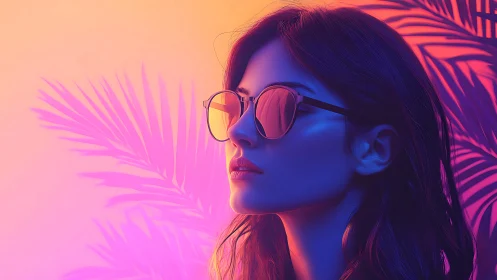 Neon gradient portrait with tropical silhouettes in digital painting.