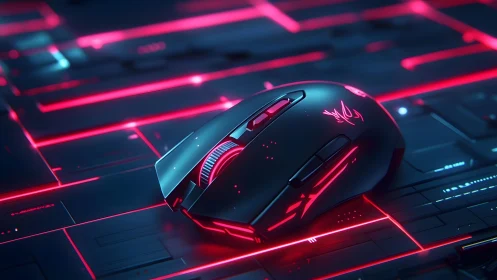 Futuristic Gaming Mouse with Neon Red LED Accents on Tech Surface.