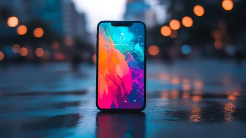 Neon Smartphone Display Against Urban Evening Ambiance.