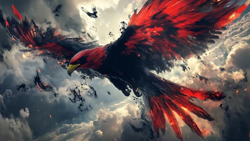 Majestic Fiery Phoenix Soaring Through Dramatic Stormy Skies.